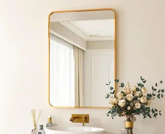 Photo 1 of 26 in. W x 38 in. H Rectangular Aluminum Alloy Framed Rounded Gold Wall Mirror
