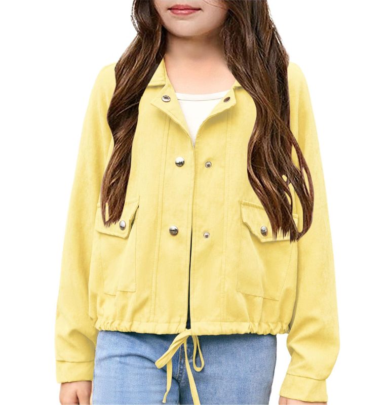 Photo 1 of Girls Spring Jackets Casual Solid Button Down Tops Long Sleeve Drawstring Cute Lapel Outwear Coat with Pockets 10/14 Years Yellow