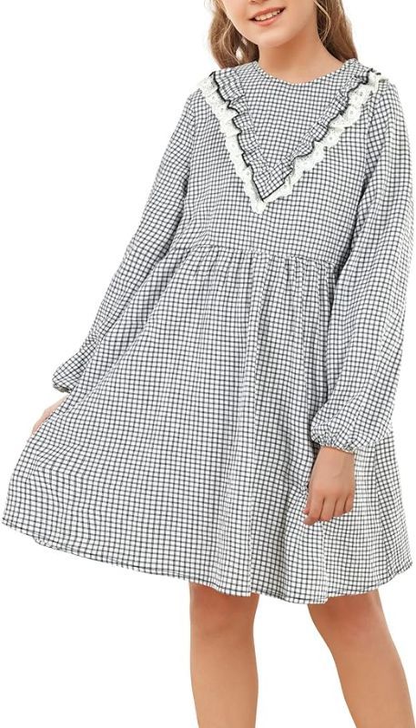 Photo 1 of Girls Long Sleeve Ruffle Dress Cute Check Gingham Crewneck Flare Ham A Line Party Fall Clothes 6-8 years