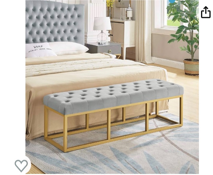 Photo 1 of 24KF Upholstered Tufted Long Bench with Golden Metal Leg, Gray Velvet Bench with Padded Seat-Gray 24KF Upholstered Tufted Long Bench with Golden Metal Leg, Gray Velvet Bench with Padded Seat-Gray