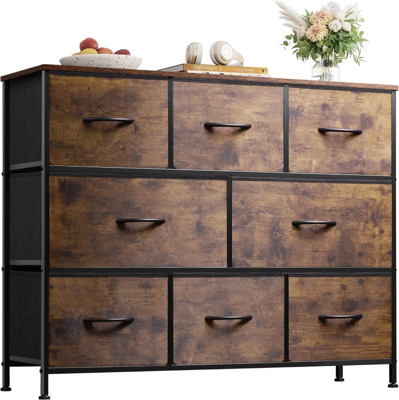 Photo 1 of *MISSING HARDWARE** WLIVE Fabric Dresser for Bedroom, Storage Drawer Unit, Bedroom Dresser TV Stand for 32 40 43 inch TV, Wide Dresser with 8 Large Deep Drawers for Office, College Dorm, Rustic Brown Wood Grain Print
