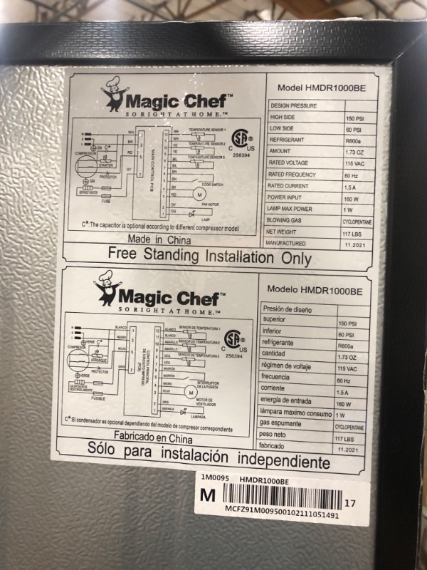 Photo 5 of *FOR PARTS*- Magic Chef HMDR1000BE Top Freezer Refrigerator in Black 10.1 cu. ft.