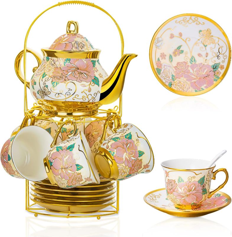 Photo 1 of 20 Pieces Porcelain Tea Set With Metal Holder, European Ceramic tea set for adults,Flower Tea Set,Tea Set For Women With Flower Painting 
