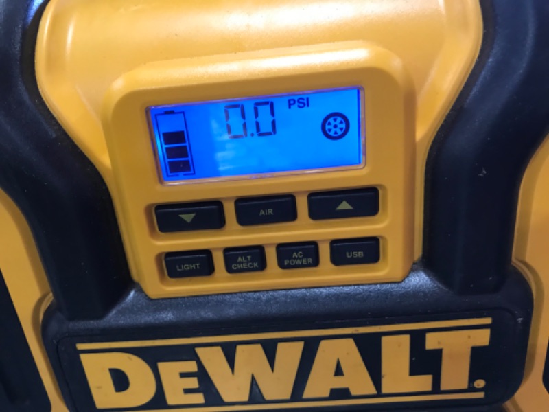 Photo 5 of DEWALT DXAEPS14 1600 Peak Battery Amp 12V Automotive Jump Starter/Power Station with 500 Watt AC Power Inverter, 120 PSI Digital Compressor, and USB Power , Yellow