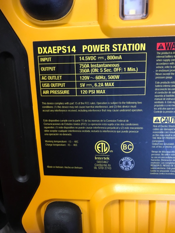 Photo 3 of DEWALT DXAEPS14 1600 Peak Battery Amp 12V Automotive Jump Starter/Power Station with 500 Watt AC Power Inverter, 120 PSI Digital Compressor, and USB Power , Yellow