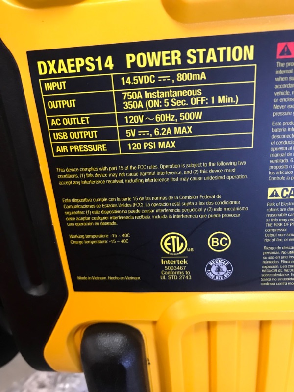 Photo 4 of DEWALT DXAEPS14 1600 Peak Battery Amp 12V Automotive Jump Starter/Power Station with 500 Watt AC Power Inverter, 120 PSI Digital Compressor, and USB Power , Yellow