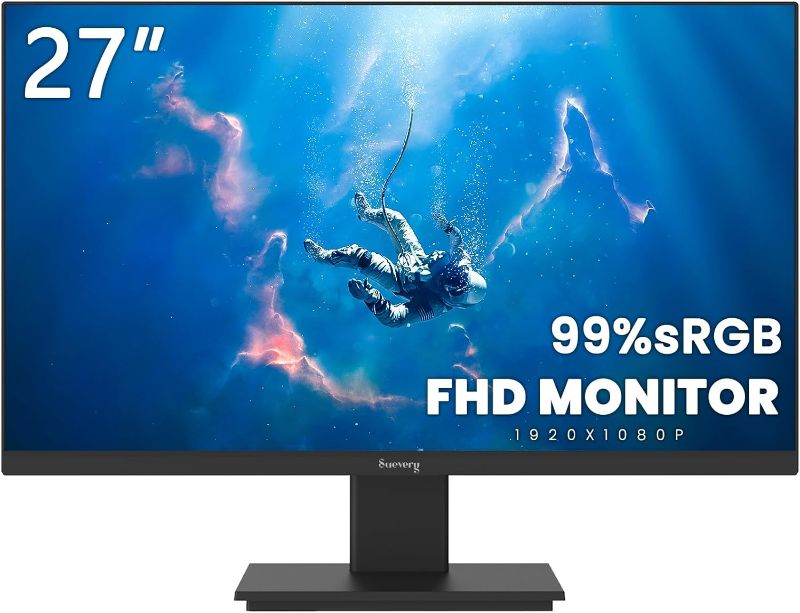 Photo 1 of suevery 27 Inch Monitor,FHD(1920x1080p) 75Hz VA 99%sRGB High Color Gamut Computer Monitor,for PC Monitors of Gaming&Office Desktop,3Sides Narrow Bezel,Blue Light Filter(HDMI/VGA Port)VESA Mountable.
