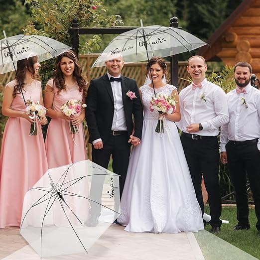 Photo 1 of 12 Pieces Clear Wedding Umbrellas Auto Open Stick Umbrella Love Is In The Air Umbrella Windproof Transparent Rain Umbrella with J Hook Handle for Bride Groom Wedding Bridal Shower Party Supplies Decor
