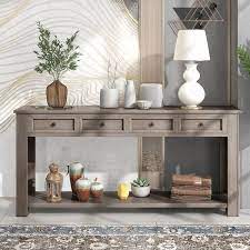 Photo 1 of *REVIEW NOTES* 63 in. Gray Wash Rustic Wood Rectangle Console Table for Entryway Hallway, Sofa Table with 4-Drawers and 1-Bottom Shelf
