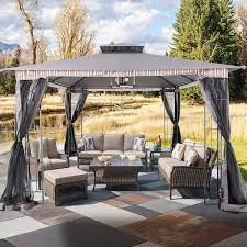 Photo 1 of 13 ft. x 11 ft. Gray Steel Outdoor Patio Gazebo with Mosquito Netting
