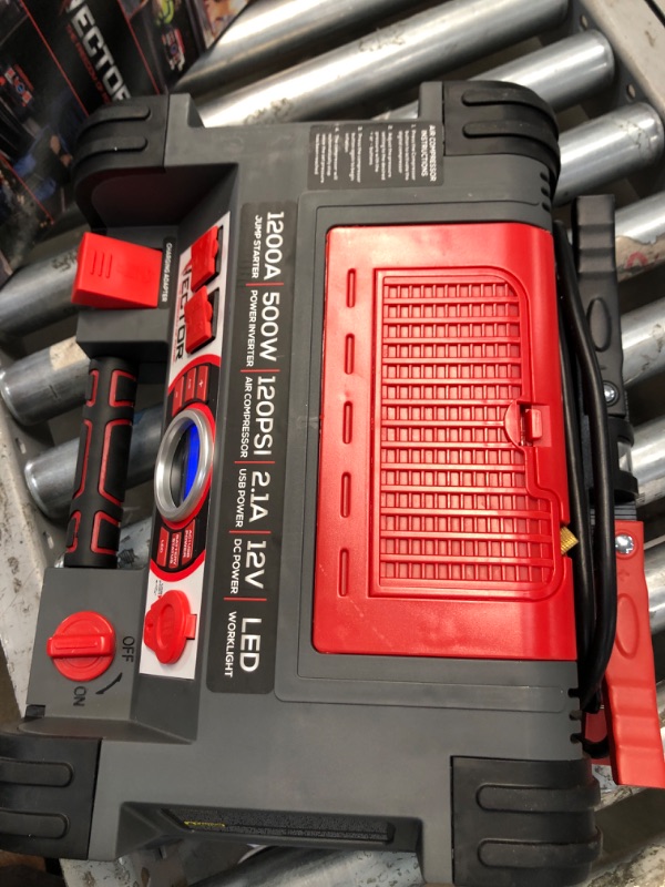 Photo 3 of *TESTED* VECTOR 1200 Peak Amp Jump Starter, PPRH5V, Battery Booster, Dual Power Inverter, 120 PSI Air Compressor, USB Charging Port, Rechargeable