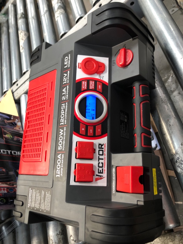 Photo 2 of *NEW* VECTOR 1200 Peak Amp Jump Starter, PPRH5V, Battery Booster, Dual Power Inverter, 120 PSI Air Compressor, USB Charging Port, Rechargeable