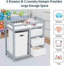 Photo 1 of  Changing Table - Baby Changing Table, Diaper Changing Table, Changing Table Station Dresser with Laundry Hamper, 3 Drawer Basket and Changing Pad, Grey