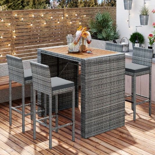 Photo 1 of 5-Piece Outdoor Patio Wicker Bar Set, Brown Wood & Gray Wicker FG201216AAE