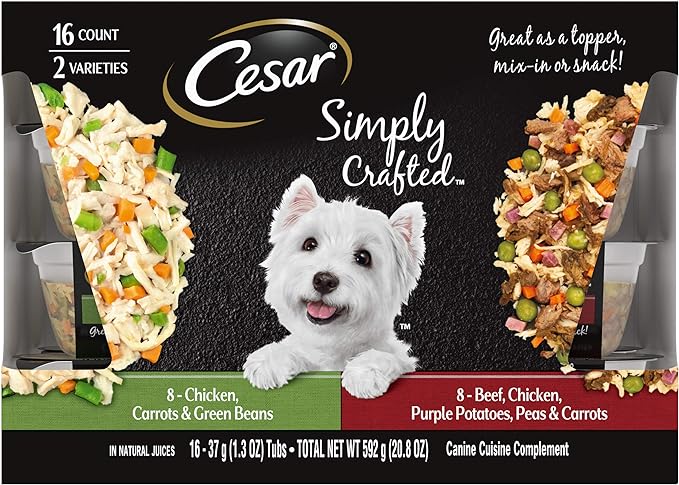 Photo 1 of ***BEST BY 08/31/24** CESAR Simply Crafted Adult Wet Dog Food Meal Topper, Chicken, Carrots & Green Beans and Beef, Chicken, Purple Potatoes, Peas & Carrots Variety Pack, 1.3 oz.,