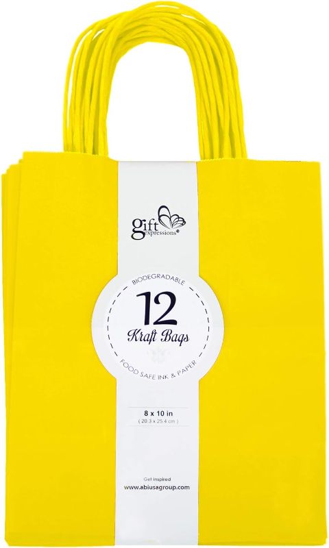 Photo 1 of 36CT Solid Yellow Color Kraft Paper Gift Bags Bulk with Handles [ Ideal for Shopping, Packaging, Retail, Party, Craft, Wedding, Recycled, Business, Goody and Merchandise Bag ] (Yellow, 36CT Medium)
