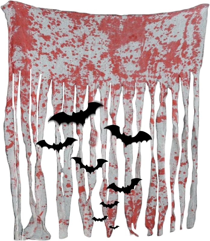 Photo 1 of Jremreo 3 Pack Halloween Bloody Doorway Curtains with Bats, 3.3 x 5.4 ft Garage Pocus Door Entrance Cover Curtain Outdoor Decorations, White Scary Creepy Cloth for Windows, Haunted House Decor
