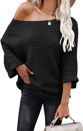 Photo 1 of KIRUNDO 2023 Fall Winter Women's Off Shoulder Sweaters Batwing 3/4 Sleeve Casual Loose Fit Solid Knit Pullover Jumper
