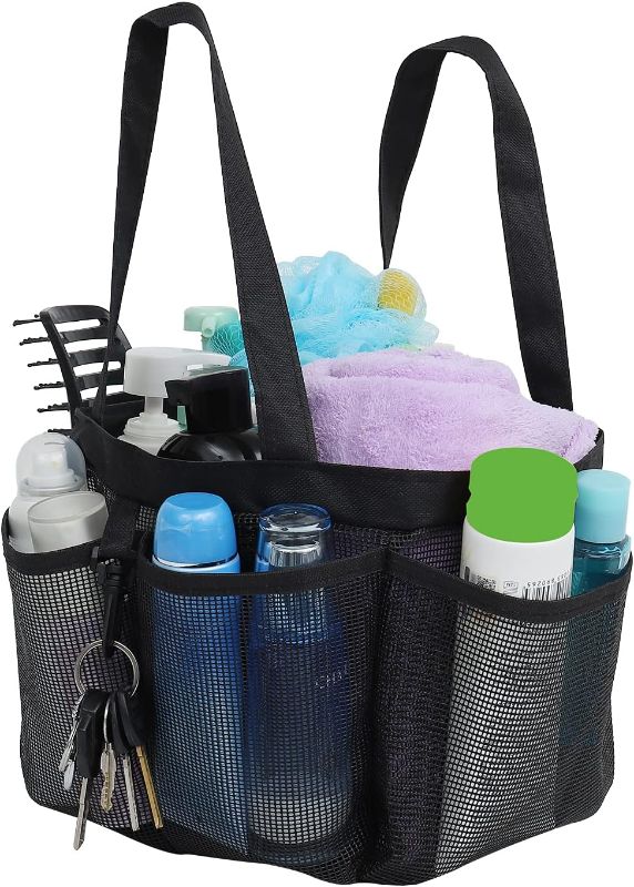 Photo 1 of Mesh Shower Caddy Portable for College Dorm Room Essentials, Hanging Large Shower Tote Bag Toiletry Organizer with Key Hook for Bathroom Accessories(black)
