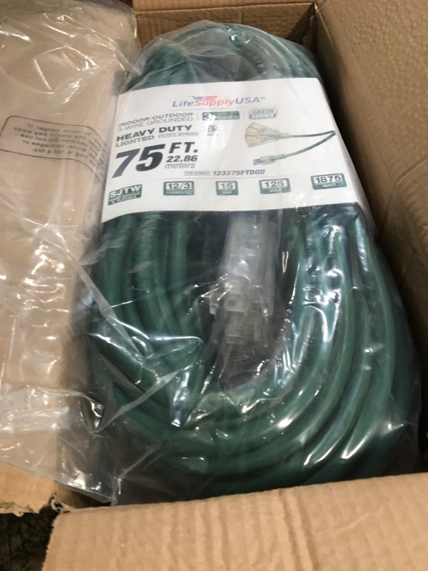 Photo 2 of 75 ft Power Extension Cord Outdoor & Indoor Heavy Duty 12 Gauge/3 Prong SJTW (Green) Lighted end 3-Outlet Extra Durability 15 AMP 125 Volts 1875 Watts ETL Listed by LifeSupplyUSA