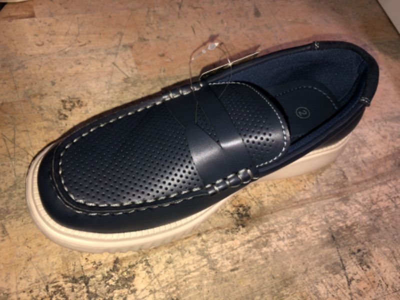 Photo 1 of Kids Size 2 Dark Navy Blue Pleather Loafers, Beige Treaded Breathable Slip-On Design