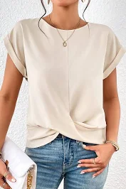 Photo 1 of LARGE (Cream Colored) FASHOES Womens Tops Twist Petal Shirt Casual Tee T-Shirt Solid Color Blouse (Cream) 