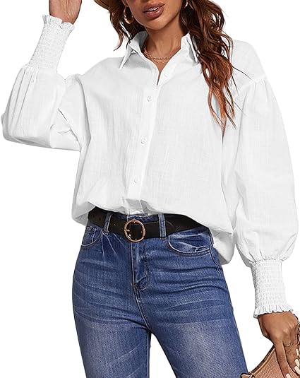 Photo 1 of **MISSING A BUTTON**
Medium White Mallnear Women's Button Down Shirts Casual Long Sleeve Cotton Blouse Basic Loose Fit Lantern Sleeve Work Formal Tunic Top
