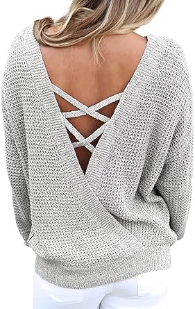 Photo 1 of Asvivid Women Criss Cross V Back Sweaters Fall Trendy Long Sleeve Crewneck Knitted Pullover Jumper Top
