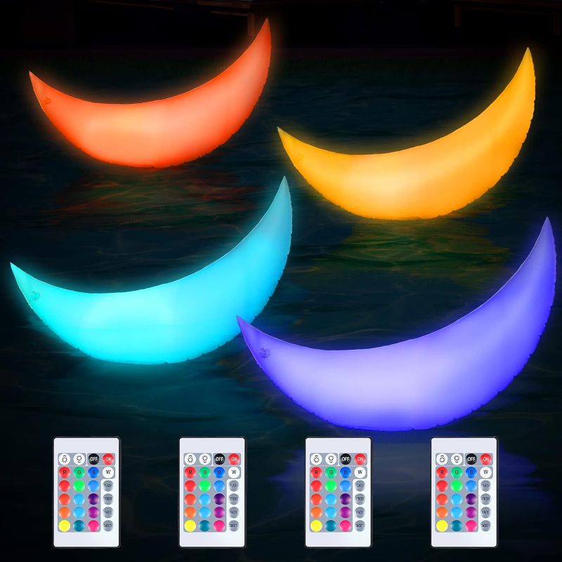 Photo 1 of 4 Pack Solar Floating Pool Lights 24 Inch LED Crescent Moon Pool Ball Inflatable Waterproof Glow Pool Accessories Outdoor Colorful Changing Pool Orb Light Party Decor for Above Ground Swimming Pool