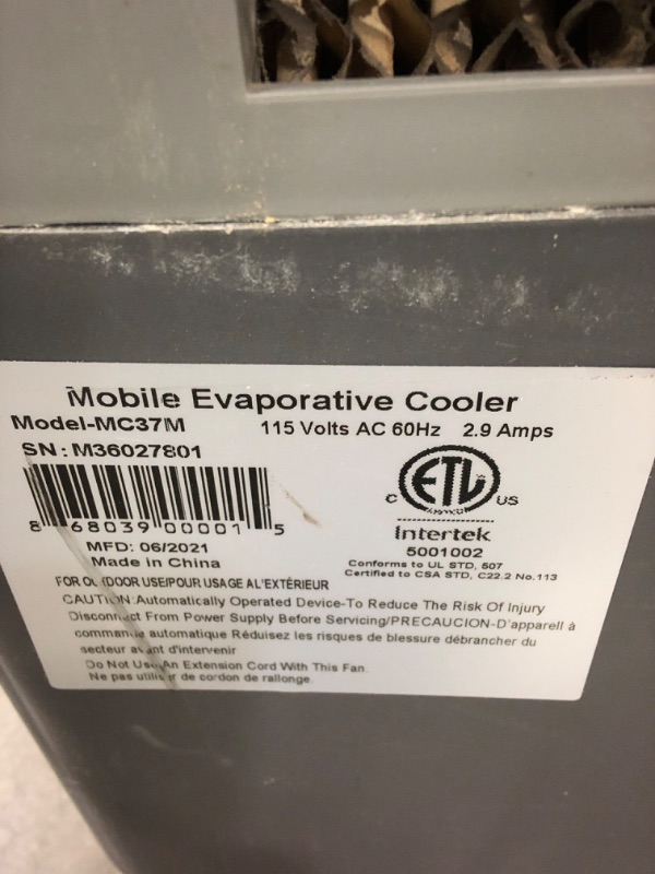 Photo 5 of Hessaire MC37M Evaporative Cooler, 3,100 CFM, Gray & CVR6037- Mobile Cooler Cover for models: MC37M,MC37A,MC37V,M350,3100CFM