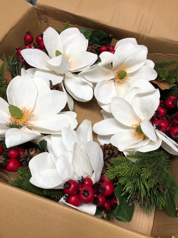 Photo 1 of 26 in. Artificial Magnolia, Pine and Berries Wreath