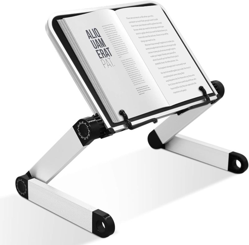 Photo 1 of Book Stand Laptop Stand Adjustable Book Holder Tray with Page Paper Clips Ergonomic Multi Heights Angles Adjustable Cooking Bookstands for Textbook Recipe Magazine Laptop Tablet Portable
