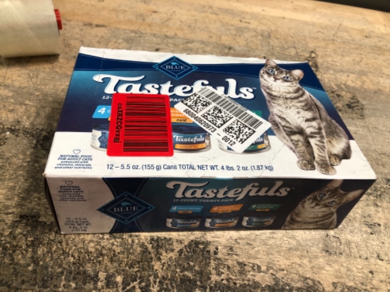 Photo 1 of *6/2/2025* Blue Buffalo Tastefuls Natural Pate Wet Cat Food Variety Pack, Chicken, Turkey & Chicken and Ocean Fish & Tuna 5.5-oz Cans (12 Count - 4 of Each) Chicken, Turkey & Chicken, Ocean Fish & Tuna 5.5 Ounce (Pack of 12)