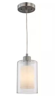 Photo 1 of 1-Light Brushed Nickel Mini Pendant Light Fixture with Frosted Inner and Clear Glass Outer Shade
