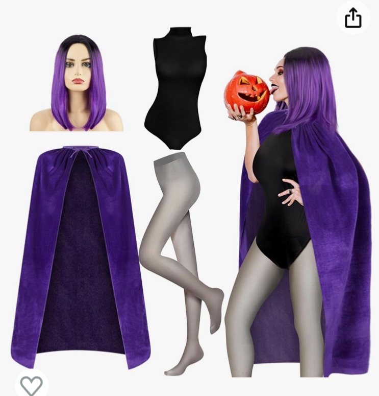 Photo 1 of Hercicy Women Halloween Costume Set Purple Hood Cloak with Bodysuit, Wristbands and Grey Tights for Anime Cosplay Women
 large