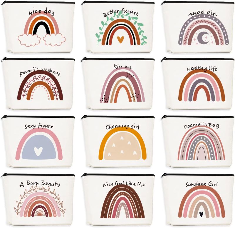 Photo 1 of GEMLORD 12 Pcs Rainbow Cosmetic Bags with Quotes for Girls, Inspirational Makeup Bags Bulk with Zipper, Cute Canvas Personalized Pouch for Travel, Great Giving Gift for Women Teacher
