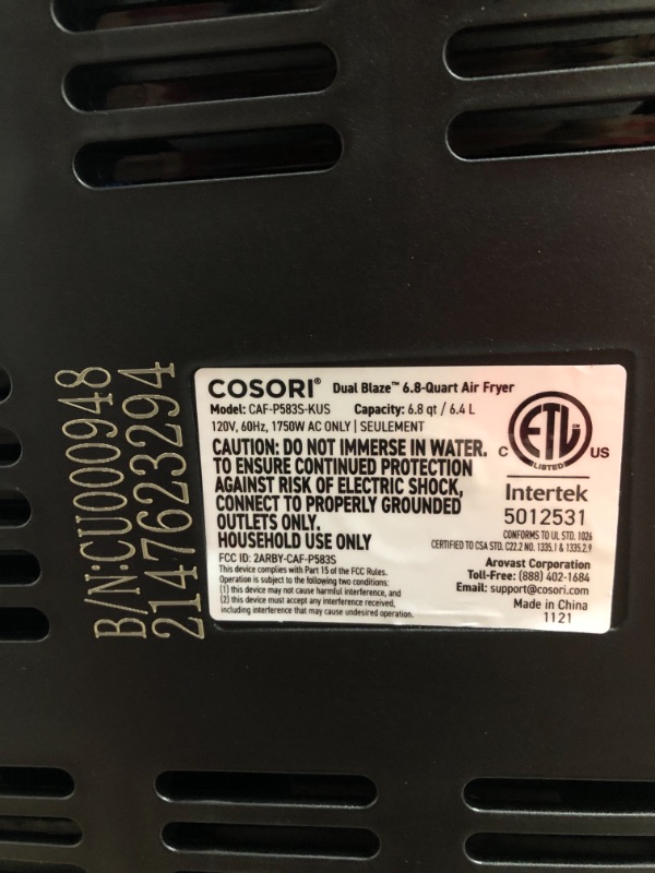 Photo 3 of *NONFUNCTIONAL* COSORI Dual Blaze Air Fryer 6.8QT, No Preheat & No Shake, 6+6 Presets, Heating Adjusts For A True Air Fry, Bake, Toast, And Broil, Fast Cooking, 1100+ In-App Recipes, Fit For 5-6 people, 1750W Pro Dark Gray