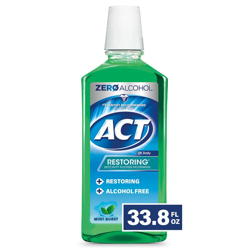 Photo 1 of 2 ACT Restoring Zero Alcohol Fluoride Mouthwash 33.8 fl. oz. Strengthens Tooth Enamel, Mint Burst Green 33.8 Fl Oz (Pack of 2)