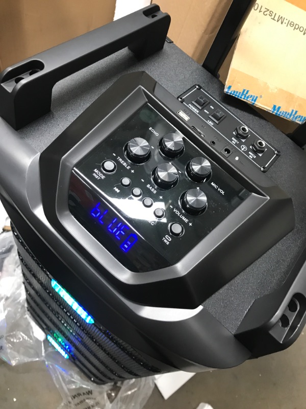 Photo 6 of **CONNECTED PERSONAL DEVICE TO TEST  BLUETOOTH FUNCTIONS**
Moukey Karaoke Machine, PA System Double Subwoofer for Party, Portable Bluetooth Speaker w/ 2 Wireless Microphone, Disco Lights and Echo/Treble/Bass Adjustment, Support TWS/REC/AUX/MP3/USB/TF/FM D