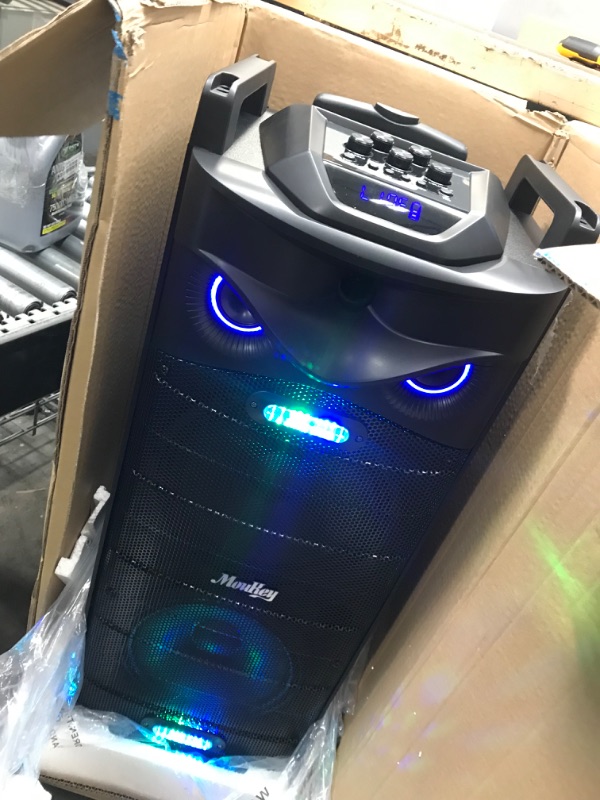 Photo 2 of **CONNECTED PERSONAL DEVICE TO TEST  BLUETOOTH FUNCTIONS**
Moukey Karaoke Machine, PA System Double Subwoofer for Party, Portable Bluetooth Speaker w/ 2 Wireless Microphone, Disco Lights and Echo/Treble/Bass Adjustment, Support TWS/REC/AUX/MP3/USB/TF/FM D