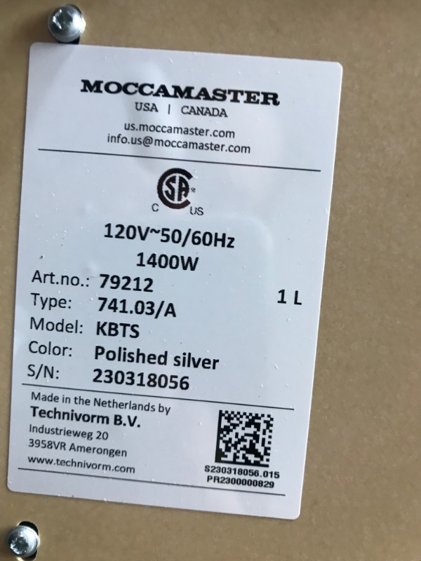 Photo 1 of **SMALL DENT IN BACK ,POWERS ON**
Technivorm Moccamaster 79212 KBTS Coffee Brewer, 32 oz, Polished Silver