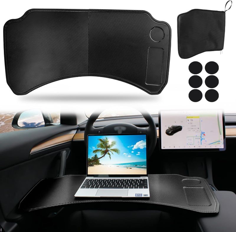 Photo 1 of Sionse Foldable Car Laptop Tray Desk Compatible with Tesla Model Y Model 3, Carbon Fiber Food Tray Table for Working, Travel & Eat Lunch in Car, Upgraded Steering Wheel Tray - Comfortable & Big Space 