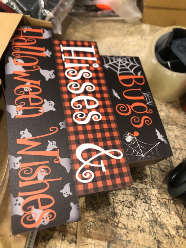 Photo 2 of 2 PACK***Reversible Fall Halloween Decorations Wooden Sign, Vintage Double-Sided Fall Halloween Farmhouse Table Decor, Fall Halloween Festive Haunted House Decor for Mantle Tabletop Centerpiece Desk Shelf