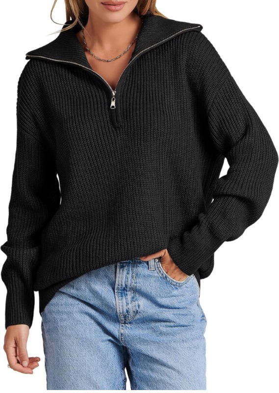 Photo 1 of Caracilia Women's Long Sleeve Zipper Henley V Neck Drop Shoulder Oversized Knit Pullover Sweater Top MEDIUM