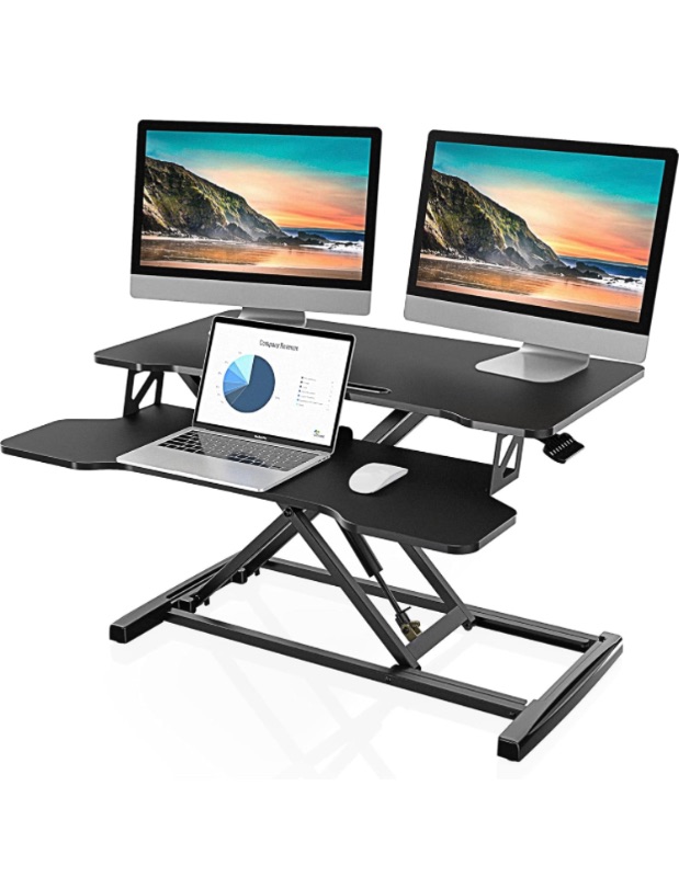 Photo 1 of ITUEYES Height Adjustable Standing Desk 32” Wide Sit to Stand Converter Stand Up Desk Tabletop Workstation for Laptops Dual Monitor Riser Black SD308001WB