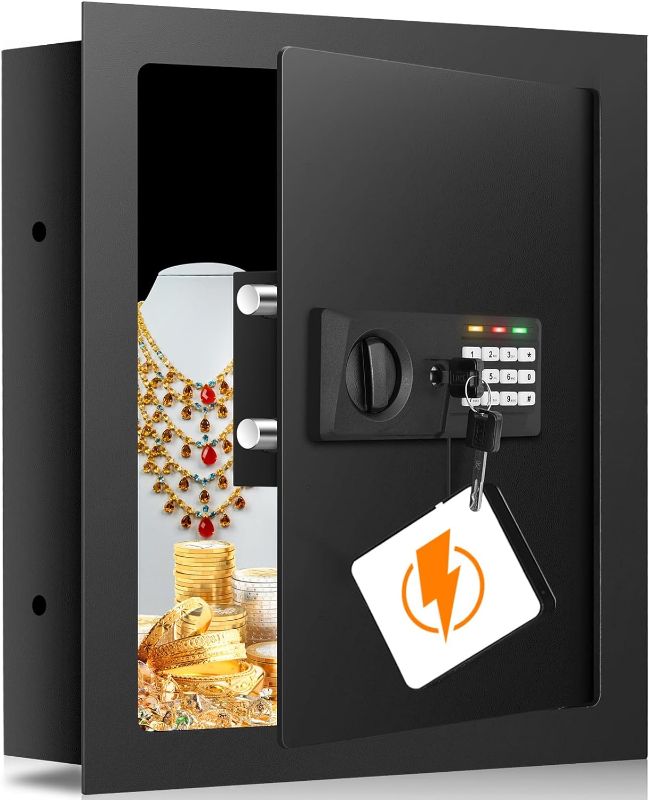 Photo 1 of 17.72" Tall Fireproof Wall Safes Between the Studs 16" Centers, Hidden Wall Safe with 2 Removable Shelf & Hidden Tray, Heavy Duty Wall Mount Safe for Firearms, Money, Jewelry, Passport Black