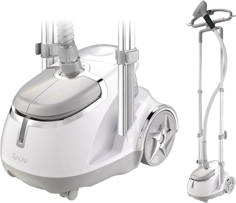 Photo 1 of SALAV GS45-DJ Professional Upright Garment Steamer with Roll Wheels, Retractable Power Cord, Multi-Function Extra Wide Hanger, Foot Pedal Step On Control, Hanger Clips, Pants Press, Fabric Brush, & Mini Ironing Paddle, 1500 watts, Silver
