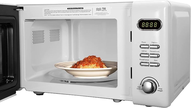 Photo 1 of Emerson Radio MWR7020W Digital, 700W with 5 Micro Power Levels, 8 Pre-Programmed Settings, Express & Defrost, Chrome Handle & Control Buttons, Timer & LED Display Microwave Oven, 0.7, Retro White
