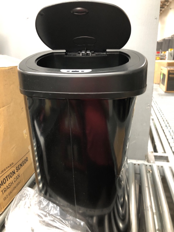 Photo 1 of *****DASMAGED, LID  INOP,  *****NINESTARS DZT-50-9BK Automatic Touchless Infrared Motion Sensor Trash Can, 13.2 Gal 50L, Black Steel Base (Oval, Black Lid)
