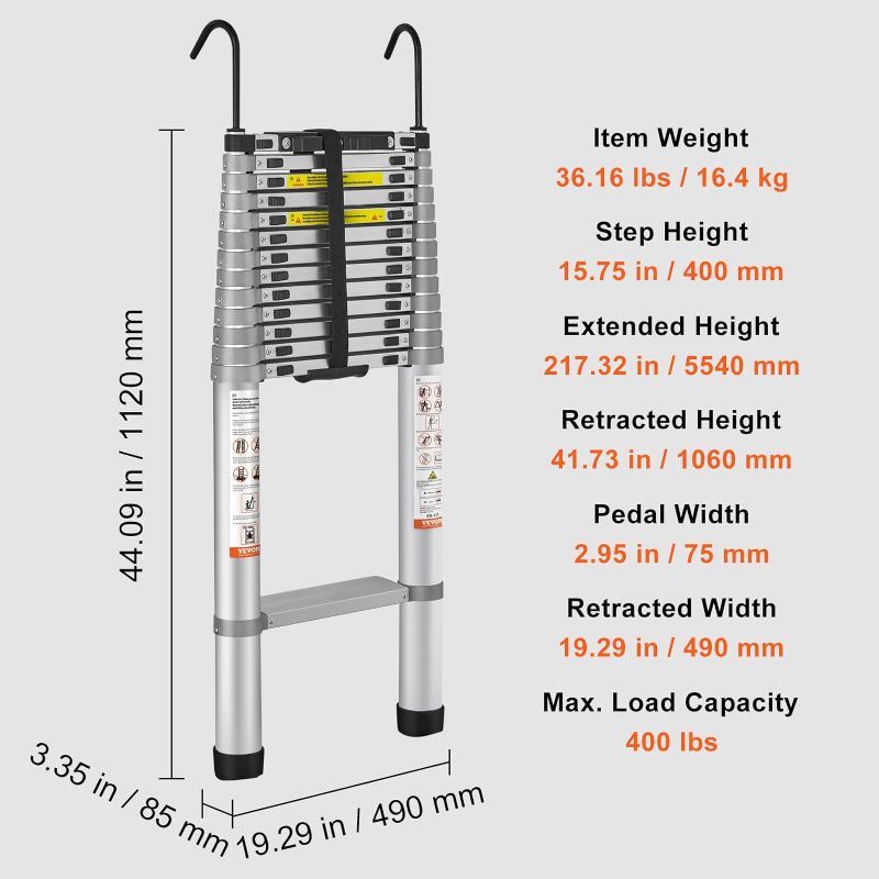 Photo 2 of 
VEVOR Telescoping Ladder, 18.5 FT Aluminum One-button Retraction Collapsible Extension Ladder, 400 LBS Capacity with Non-slip Feet, Portable Multi-purpose Compact Ladder for Home, RV, Loft, ANSI Liste
